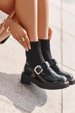 Lakierowane Botki Ze Skarpetą I Klamrą Wsuwane MR880-076 Czarne