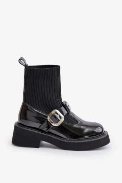 Lakierowane Botki Ze Skarpetą I Klamrą Wsuwane MR880-076 Czarne