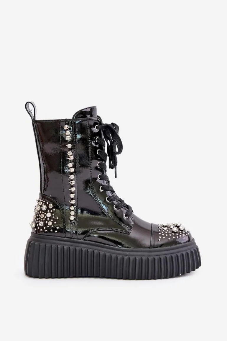 Lakierowane Botki Ze Zdobieniem Na Platformie D&A MR880-079 Czarne