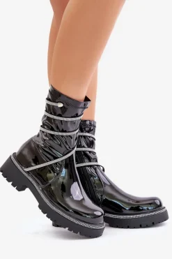 Lakierowane Botki Ze Zdobieniem Czarne Kikizelle