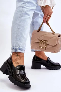 Lakierowane Czółenka Mokasyny Na Obcasie Czarne Jay