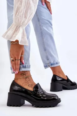 Lakierowane Czółenka Mokasyny Na Obcasie Czarne Jay