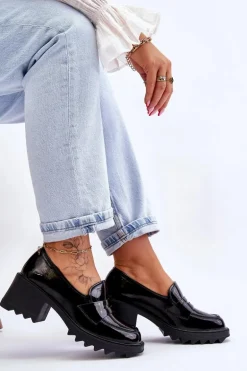 Lakierowane Czółenka Mokasyny Na Obcasie Czarne Jay