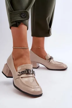 Lakierowane Czółenka Na Klocku Beżowe S.Barski MR38-960