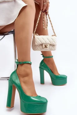 Lakierowane Czółenka Na Masywnej Platformie I Słupku Zielone Ninames