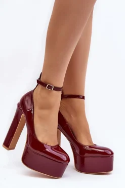 Lakierowane Czółenka Na Masywnej Platformie I Słupku Bordowe Ninames