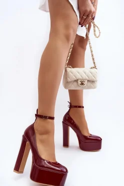 Lakierowane Czółenka Na Masywnej Platformie I Słupku Bordowe Ninames