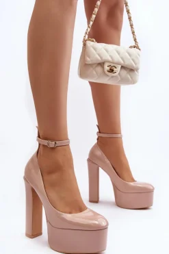 Lakierowane Czółenka Na Masywnej Platformie I Słupku Beżowe Ninames