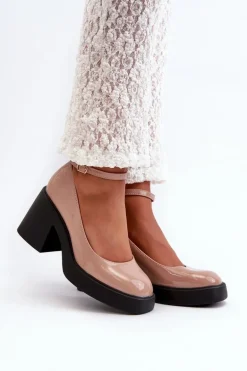 Lakierowane Czółenka Na Masywnym Obcasie Ciemnobeżowe Effiba