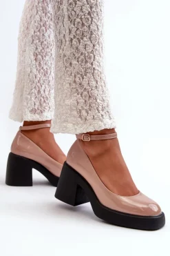 Lakierowane Czółenka Na Masywnym Obcasie Ciemnobeżowe Effiba