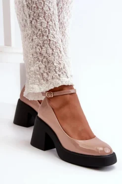 Lakierowane Czółenka Na Masywnym Obcasie Ciemnobeżowe Effiba