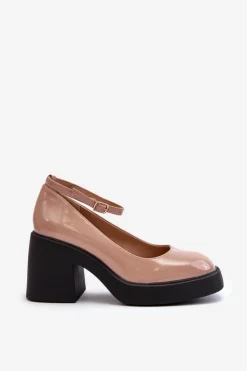 Lakierowane Czółenka Na Masywnym Obcasie Ciemnobeżowe Effiba