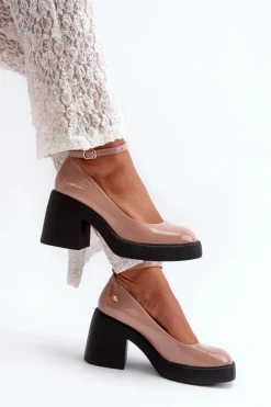 Lakierowane Czółenka Na Masywnym Obcasie Ciemnobeżowe Effiba