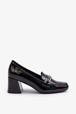 Lakierowane Czółenka Na Niskim Obcasie Z Ozdobą Czarne Makki