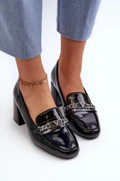 Lakierowane Czółenka Na Niskim Obcasie Z Ozdobą Czarne Makki
