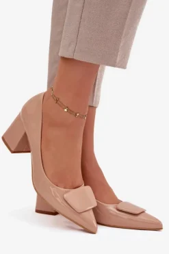 Lakierowane Czółenka Na Słupku Z Ozdobą Nude Isoline