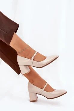 Lakierowane Czółenka Na Słupku Z Paskiem I Sprzączką Beżowe Tammirea