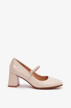 Lakierowane Czółenka Na Słupku Z Paskiem I Sprzączką Beżowe Tammirea