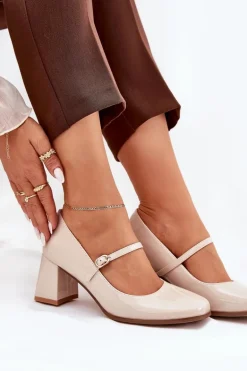 Lakierowane Czółenka Na Słupku Z Paskiem I Sprzączką Beżowe Tammirea