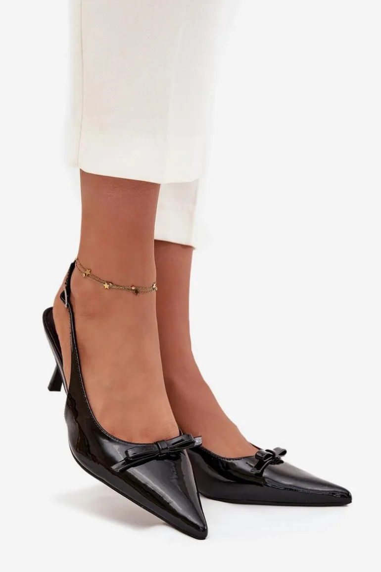 Lakierowane Czółenka Na Szpilce Z Kokardką Czarne Olvena