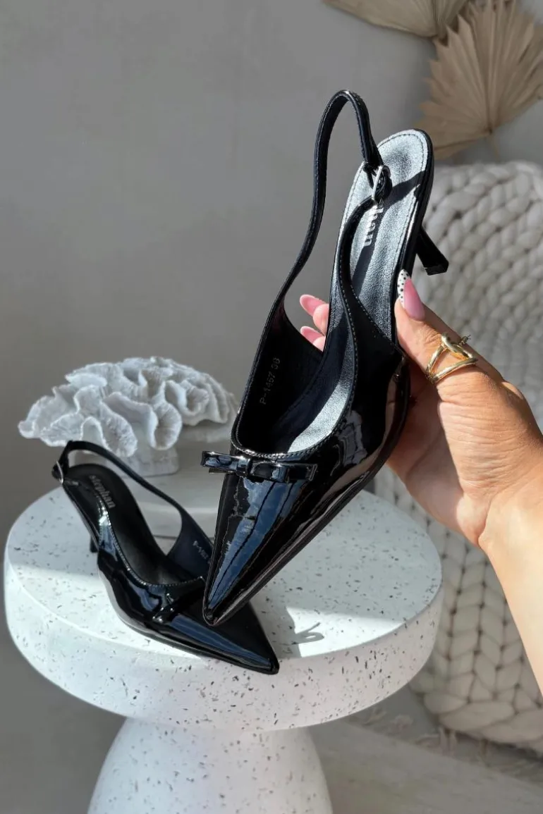 Lakierowane Czółenka Na Szpilce Z Kokardką Czarne Olvena