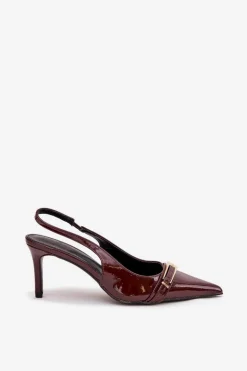 Lakierowane Czółenka Na Szpilce Ze Złotą Klamrą Czekoladowe Vivae