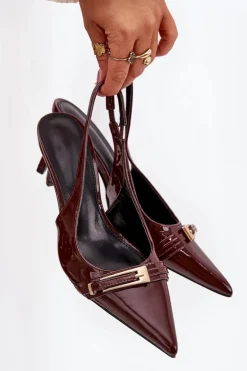 Lakierowane Czółenka Na Szpilce Ze Złotą Klamrą Czekoladowe Vivae