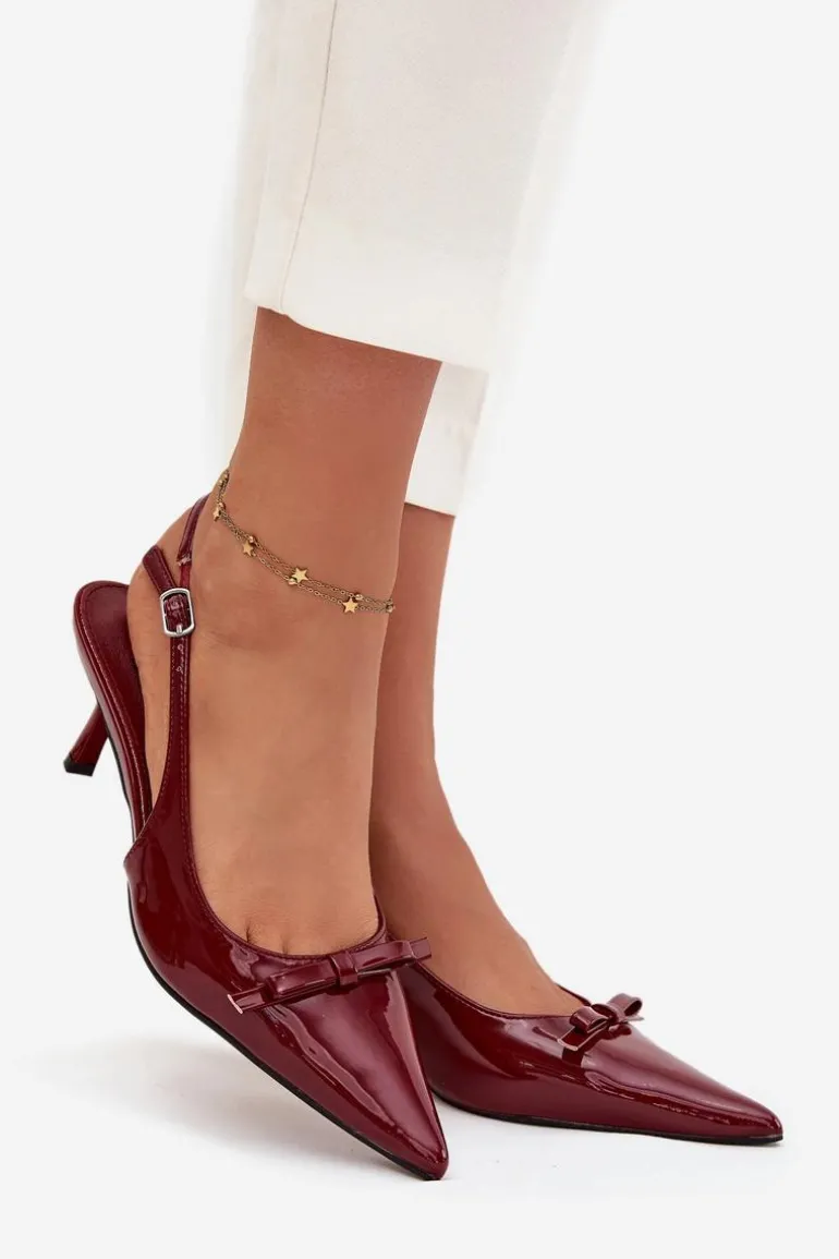 Lakierowane Czółenka Na Szpilce Z Kokardką Bordowe Olvena