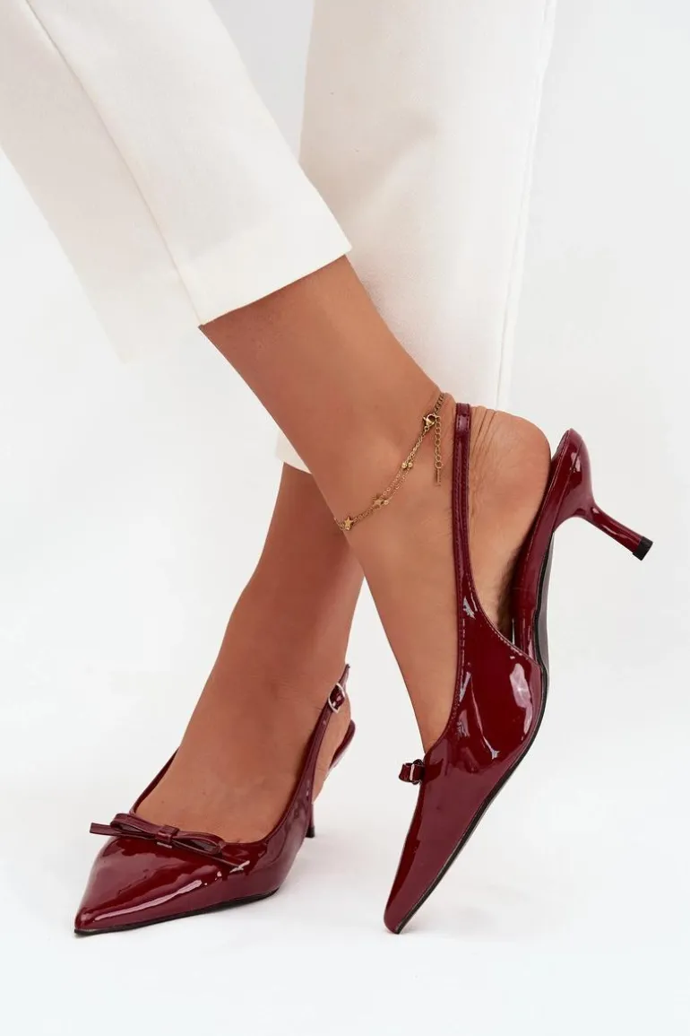 Lakierowane Czółenka Na Szpilce Z Kokardką Bordowe Olvena