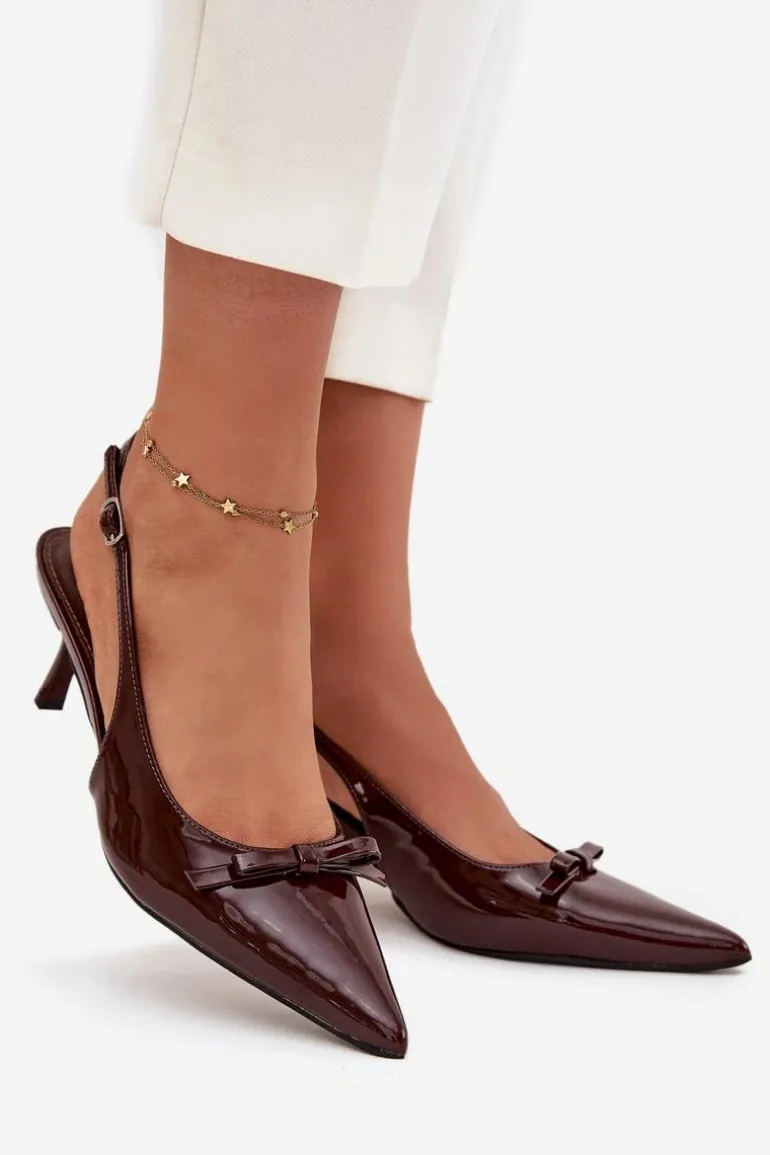 Lakierowane Czółenka Na Szpilce Z Kokardką Czekoladowe Olvena