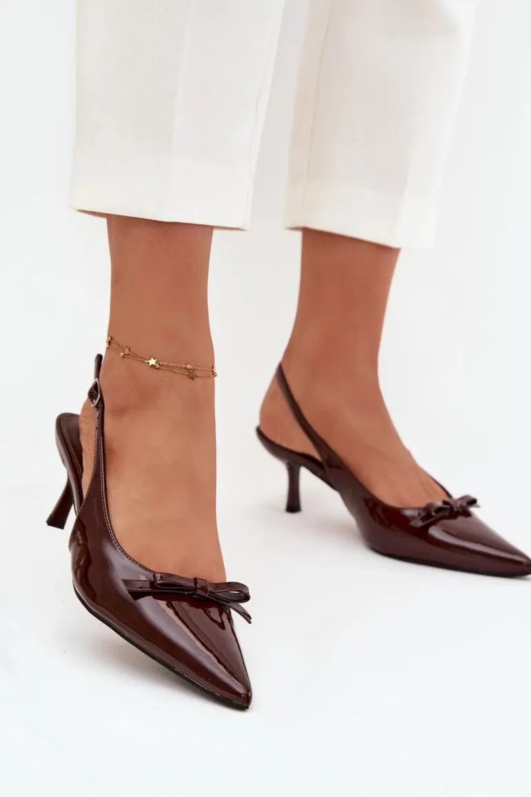 Lakierowane Czółenka Na Szpilce Z Kokardką Czekoladowe Olvena