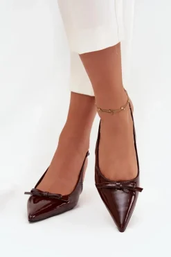 Lakierowane Czółenka Na Szpilce Z Kokardką Czekoladowe Olvena