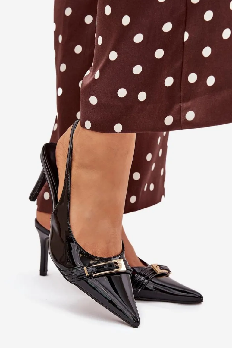 Lakierowane Czółenka Na Szpilce Ze Złotą Klamrą Czarne Vivae