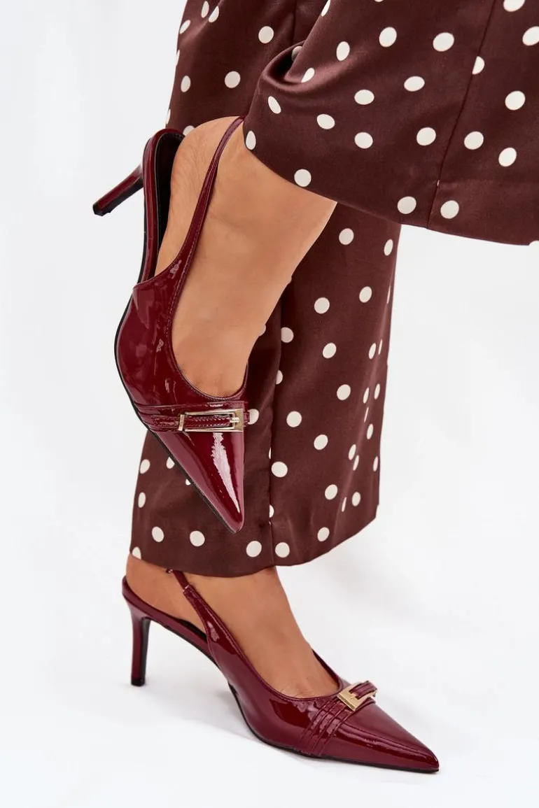 Lakierowane Czółenka Na Szpilce Ze Złotą Klamrą Bordowe Vivae