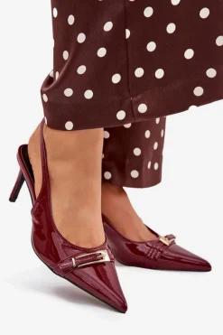 Lakierowane Czółenka Na Szpilce Ze Złotą Klamrą Bordowe Vivae