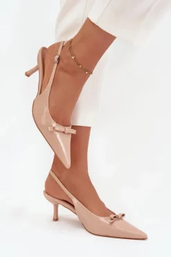 Lakierowane Czółenka Na Szpilce Z Kokardką Nude Olvena