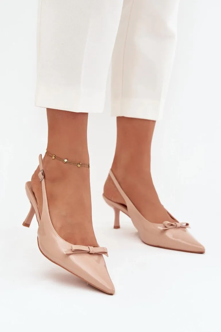 Lakierowane Czółenka Na Szpilce Z Kokardką Nude Olvena