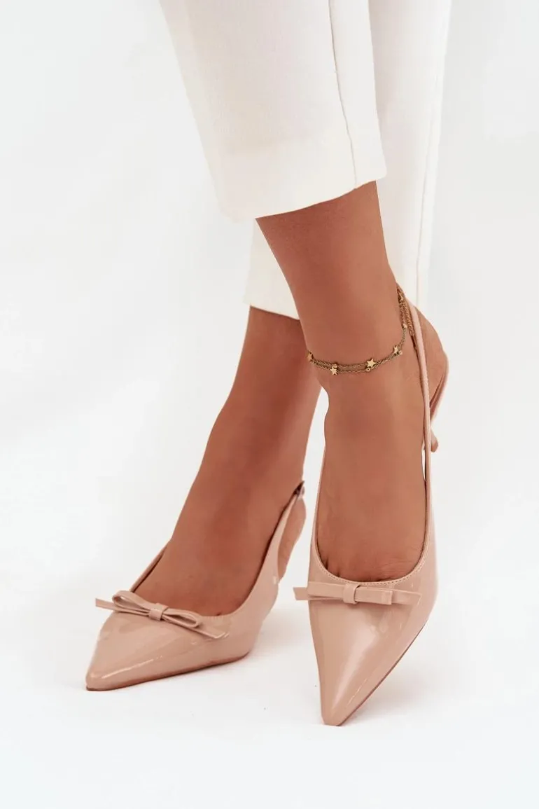 Lakierowane Czółenka Na Szpilce Z Kokardką Nude Olvena