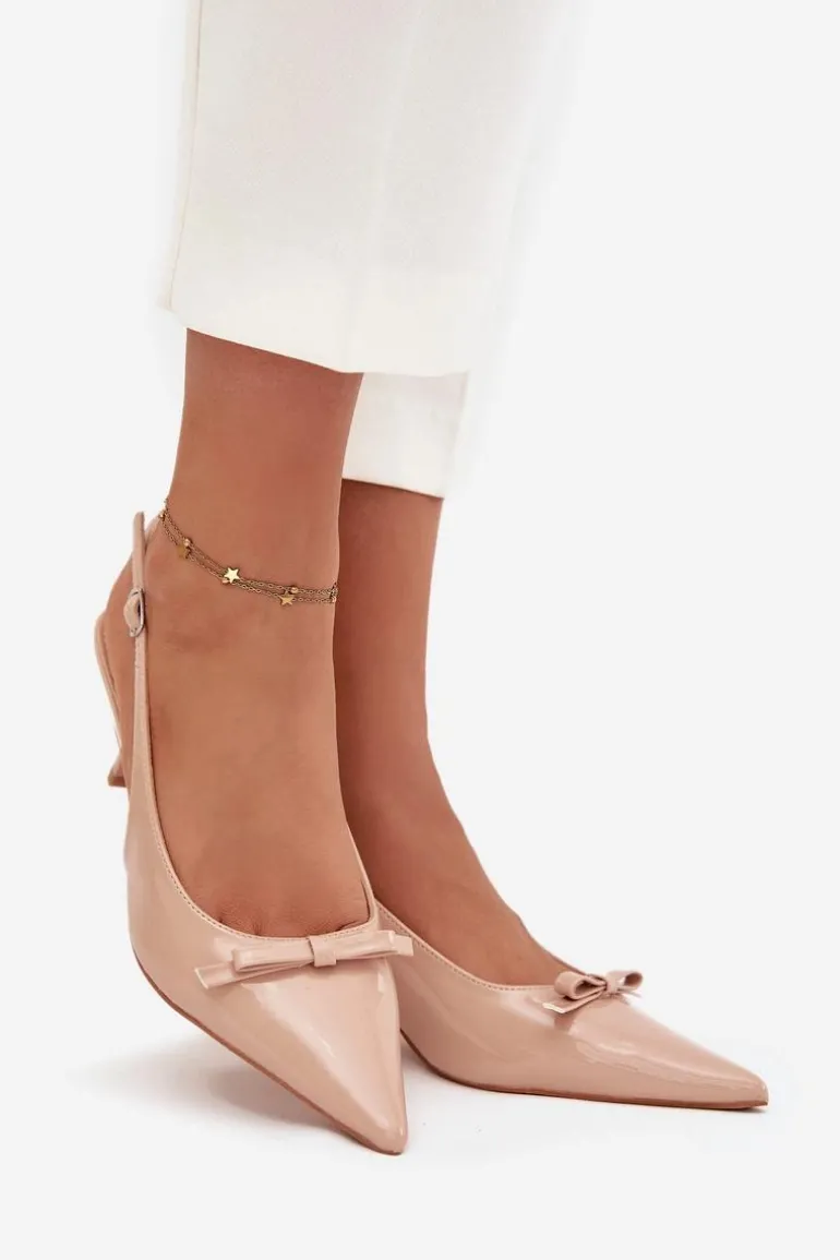 Lakierowane Czółenka Na Szpilce Z Kokardką Nude Olvena