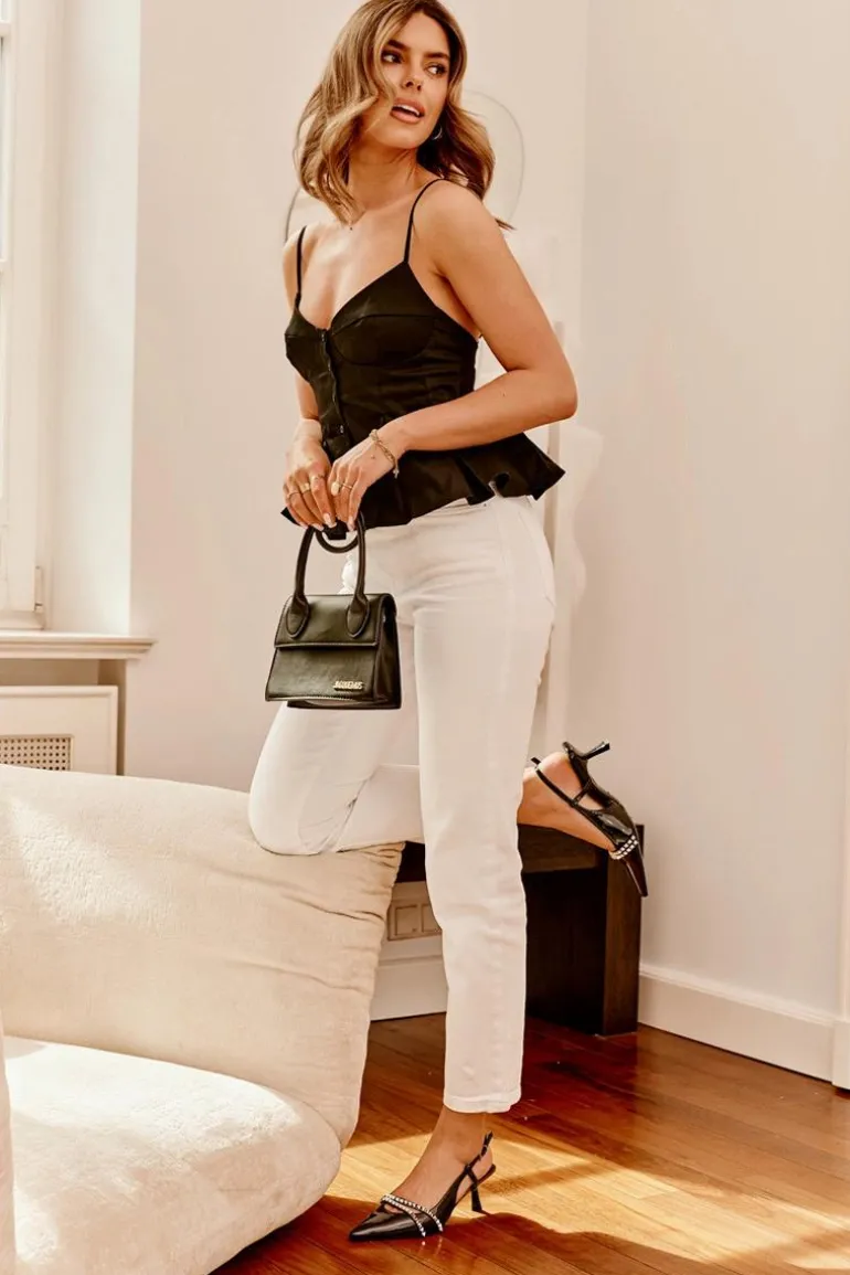 Lakierowane Czółenka Na Szpilce Z Ozdobnymi Paskami Czarne Jelmia