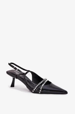 Lakierowane Czółenka Na Szpilce Z Ozdobnymi Paskami Czarne Jelmia