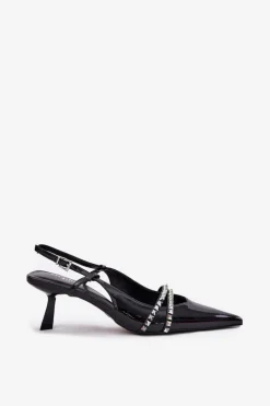 Lakierowane Czółenka Na Szpilce Z Ozdobnymi Paskami Czarne Jelmia