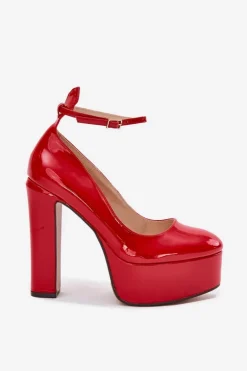 Lakierowane Czółenka Na Wysokim Słupku I Platformie Czerwone Nianka