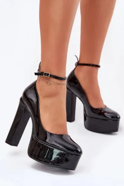 Lakierowane Czółenka Na Wysokim Słupku I Platformie Czarne Nianka