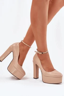 Lakierowane Czółenka Na Wysokim Słupku I Platformie Beżowe Nianka