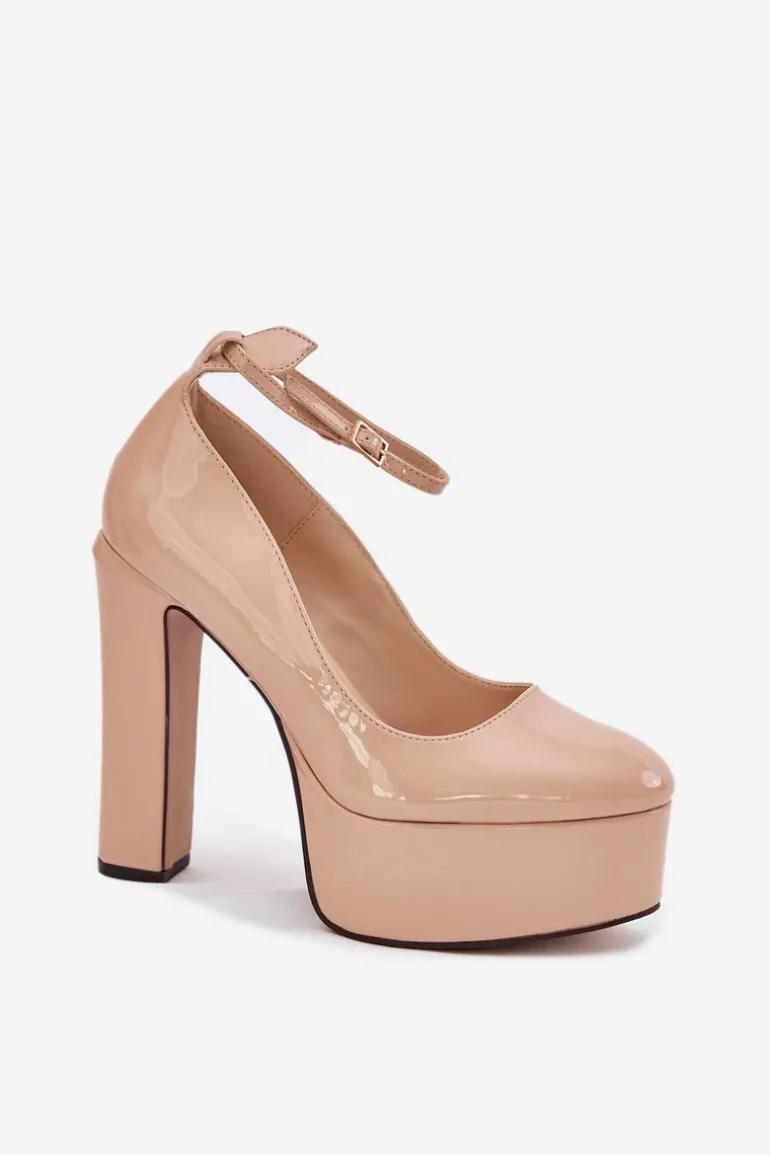 Lakierowane Czółenka Na Wysokim Słupku I Platformie Beżowe Nianka