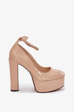 Lakierowane Czółenka Na Wysokim Słupku I Platformie Beżowe Nianka