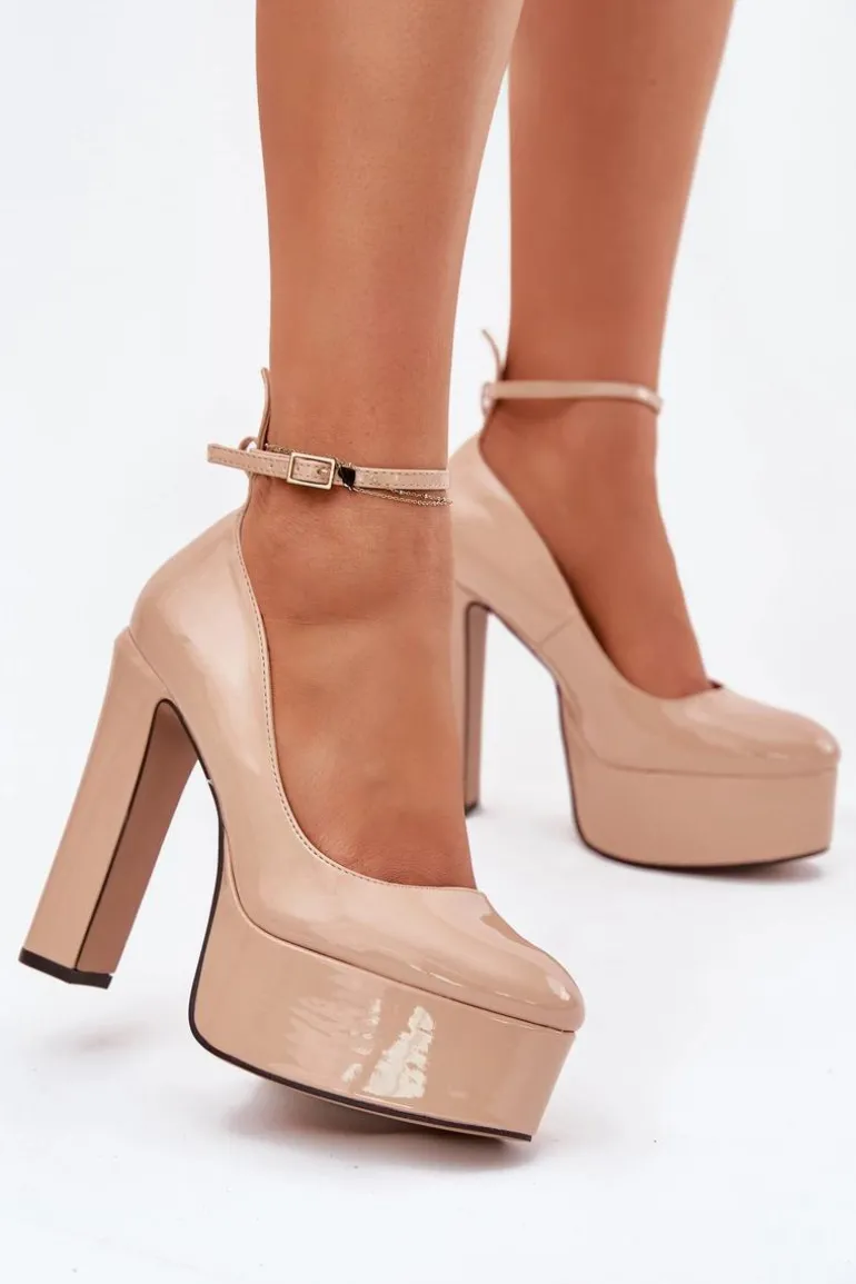 Lakierowane Czółenka Na Wysokim Słupku I Platformie Beżowe Nianka