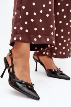 Lakierowane Czółenka Z Odkrytą Piętą I Paseczkami Czarne Ravira