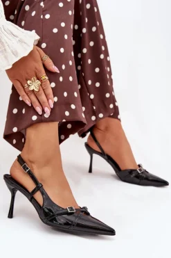 Lakierowane Czółenka Z Odkrytą Piętą I Paseczkami Czarne Ravira